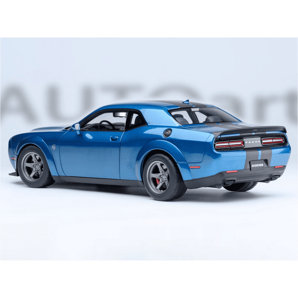 2023 Dodge Challenger SRT Super Stock Frostbite Blue Metallic with Carbon Stripes 1/18 Model Car by Autoart
