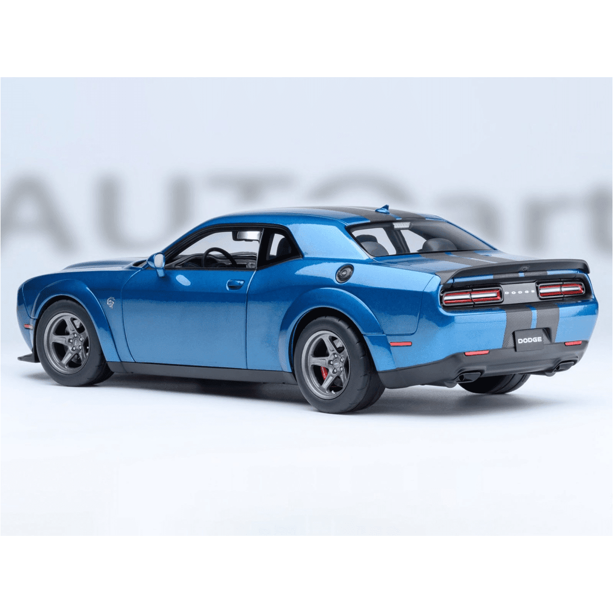 2023 Dodge Challenger SRT Super Stock Frostbite Blue Metallic with Carbon Stripes 1/18 Model Car by Autoart