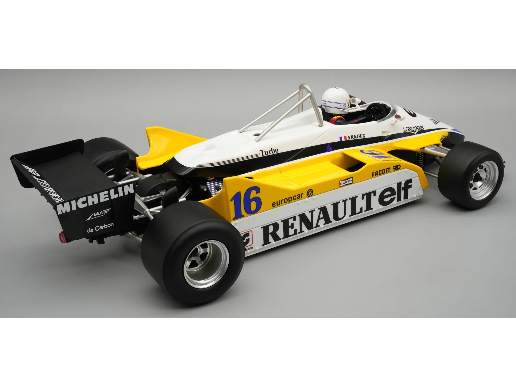 Renault RE30B #16 Winner F1 "Italian GP" (1982) "Mythos Series" with Driver Figure and Display Case 1/18 Model Car by Tecnomodel