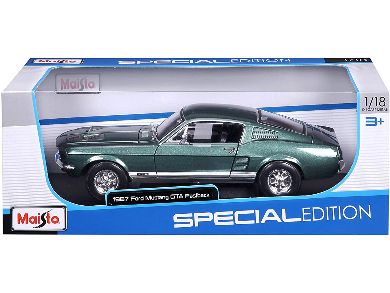 1967 Ford Mustang GTA Fastback Green Metallic with White Stripes 1/18 Diecast Model Car by Maisto