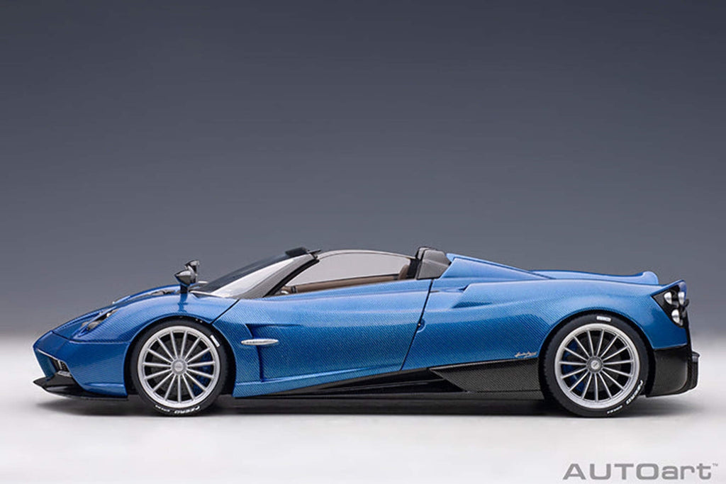 Pagani Huayra Roadster Blue Tricolore Carbon Fiber with Black Top with Luggage Set 1/18 Scale Model Car by Autoart