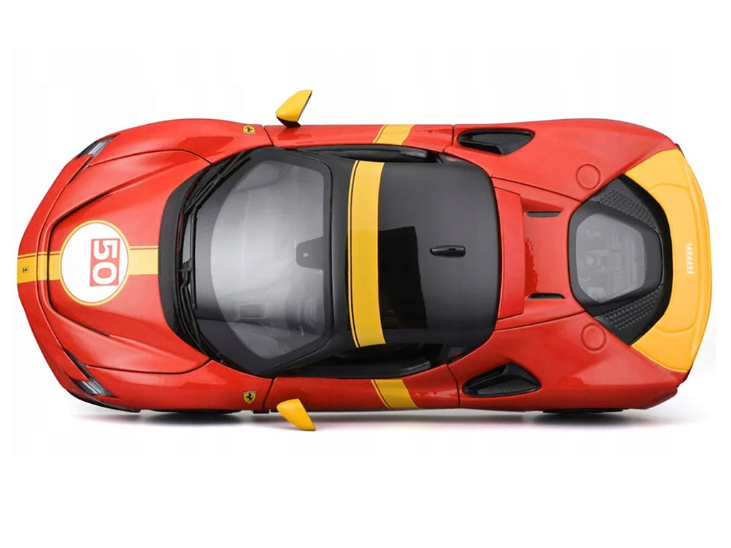 Ferrari SF90 Stradale Assetto Fiorano #50 Red with Black Top and Yellow "Race + Play" Series 1/18 Diecast Model Car by Bburago