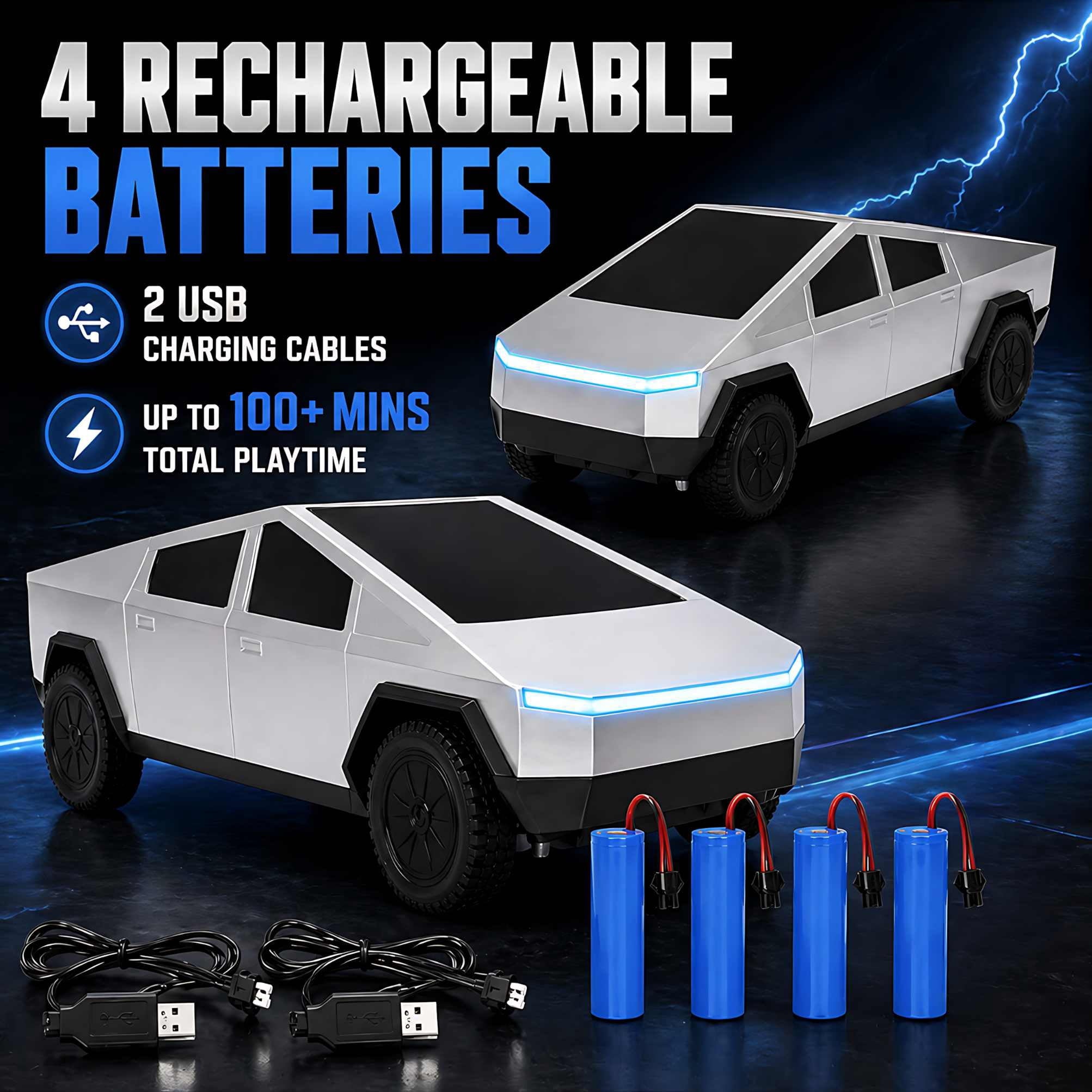 Cybertruck Remote Control Car 1:24 Scale RC Truck with LED Lights and Dual Rechargeable Batteries, Silver Electric Vehicle for Kids
