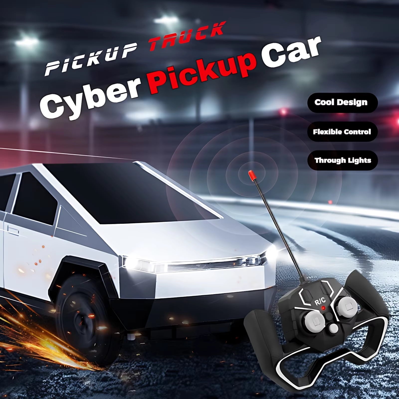 Cybertruck Remote Control Car 1:24 Scale RC Truck with LED Lights and Dual Rechargeable Batteries, Silver Electric Vehicle for Kids