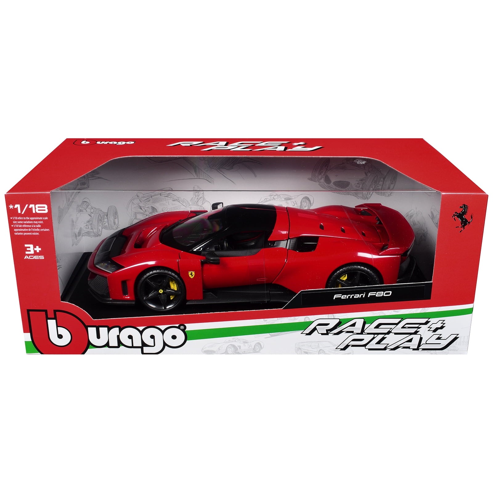 Ferrari F80 Red with Black Top "Race + Play" Series 1/18 Diecast Model Car by Bburago