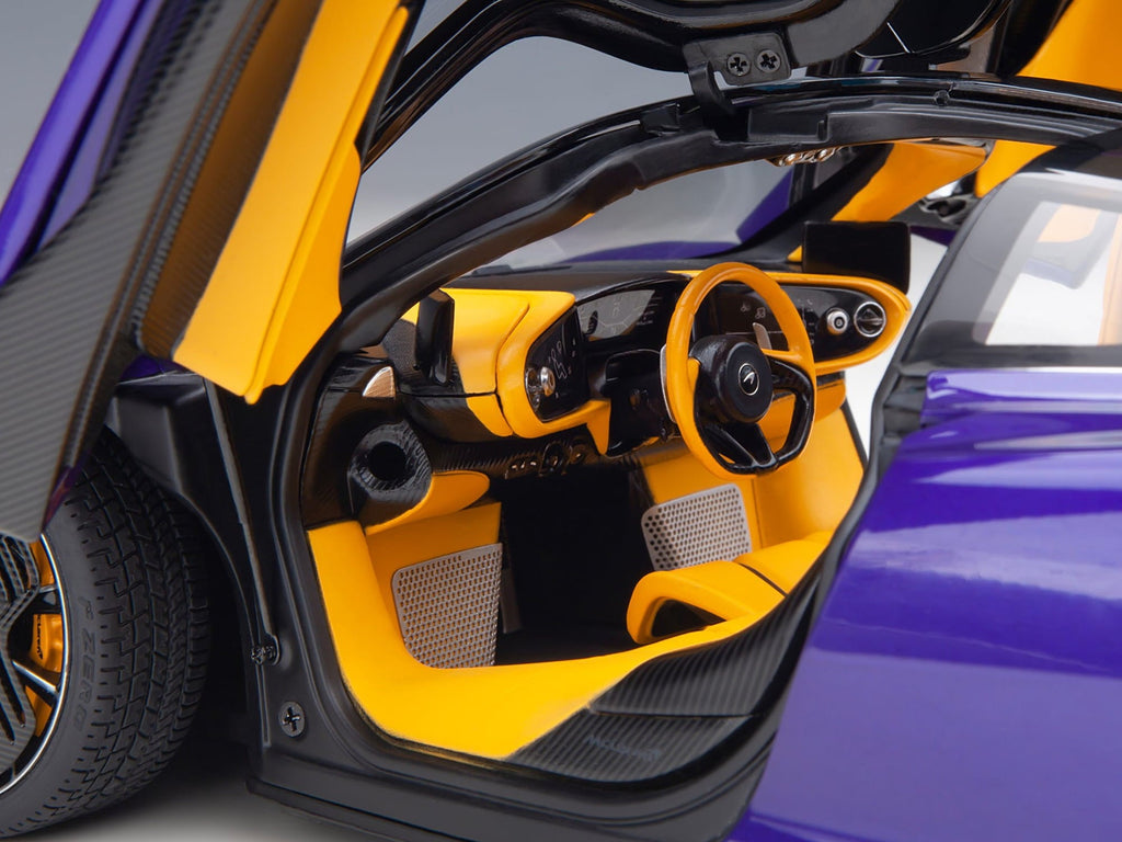 McLaren Speedtail Lantana Purple Metallic with Black Top and Yellow Interior and Suitcase Accessories 1/18 Model Car by Autoart