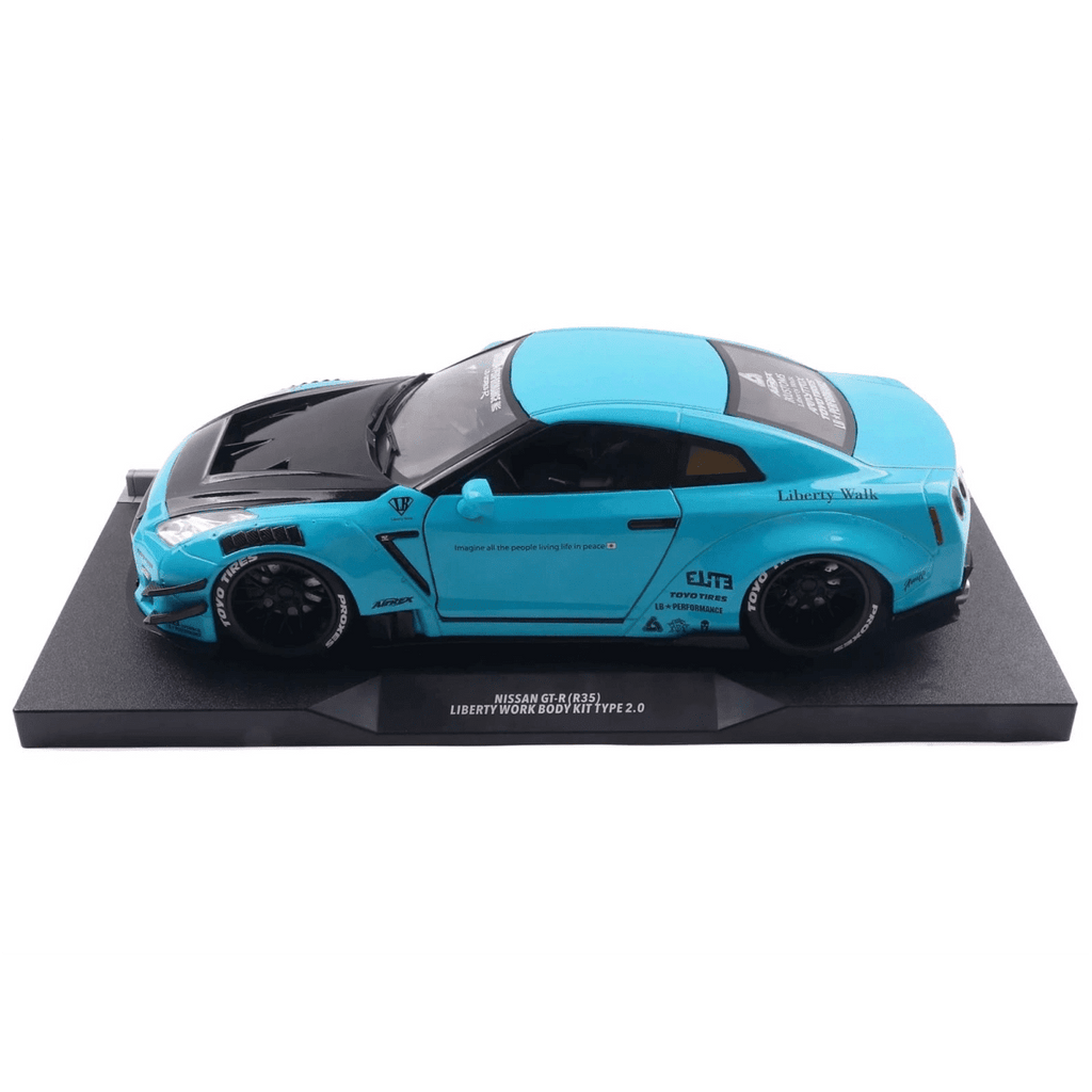 2023 Nissan GT-R (R35) Liberty Walk Body Kit 2.0 RHD Baby Blue with Carbon Hood 1/18 Diecast Model Car by Solido