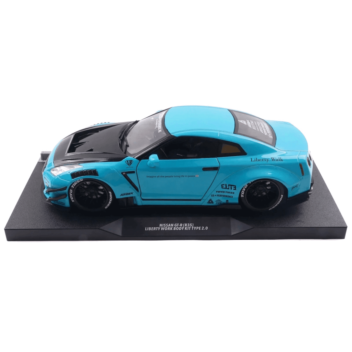2023 Nissan GT-R (R35) Liberty Walk Body Kit 2.0 RHD Baby Blue with Carbon Hood 1/18 Diecast Model Car by Solido