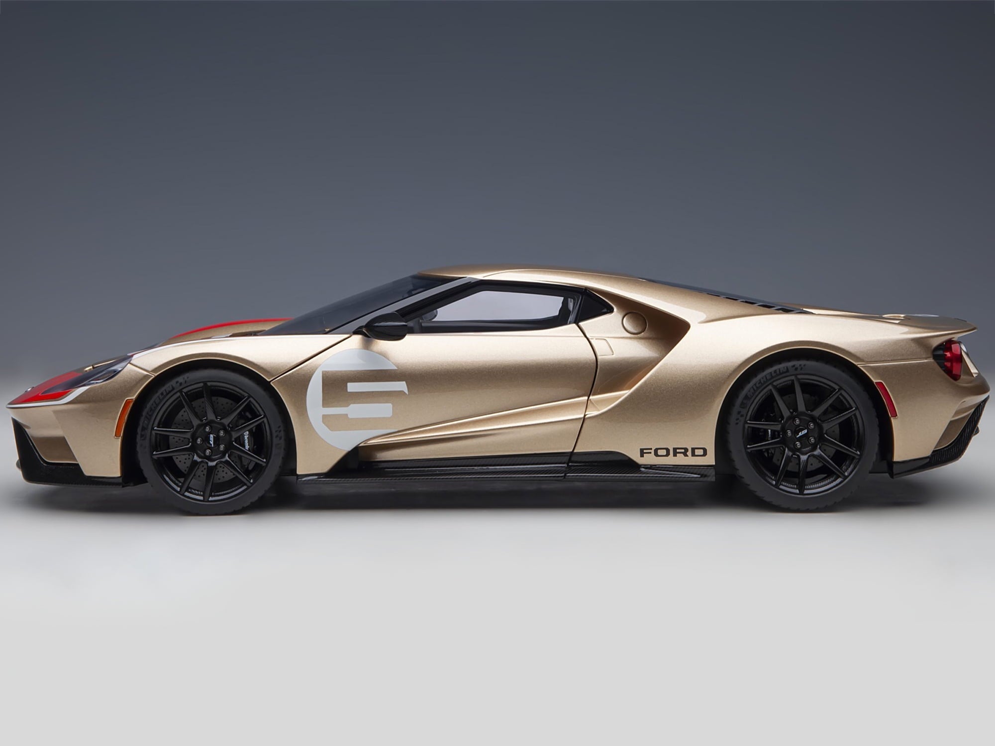Ford GT Heritage Edition #5 "Holman Moody" Gold Metallic with Red and White Graphics 1/18 Model Car by Autoart
