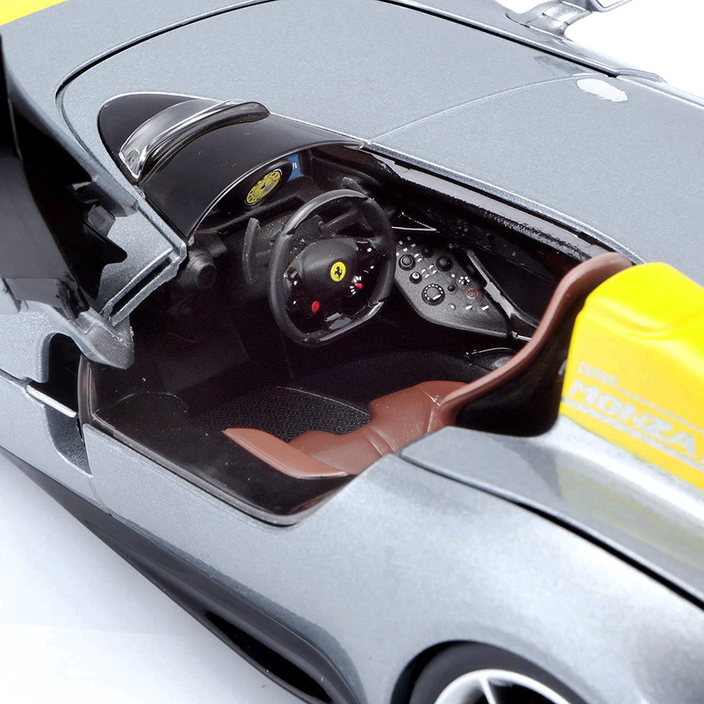 Ferrari Monza SP1 Silver Metallic with Yellow Stripes 1/18 Diecast Model Car by Bburago