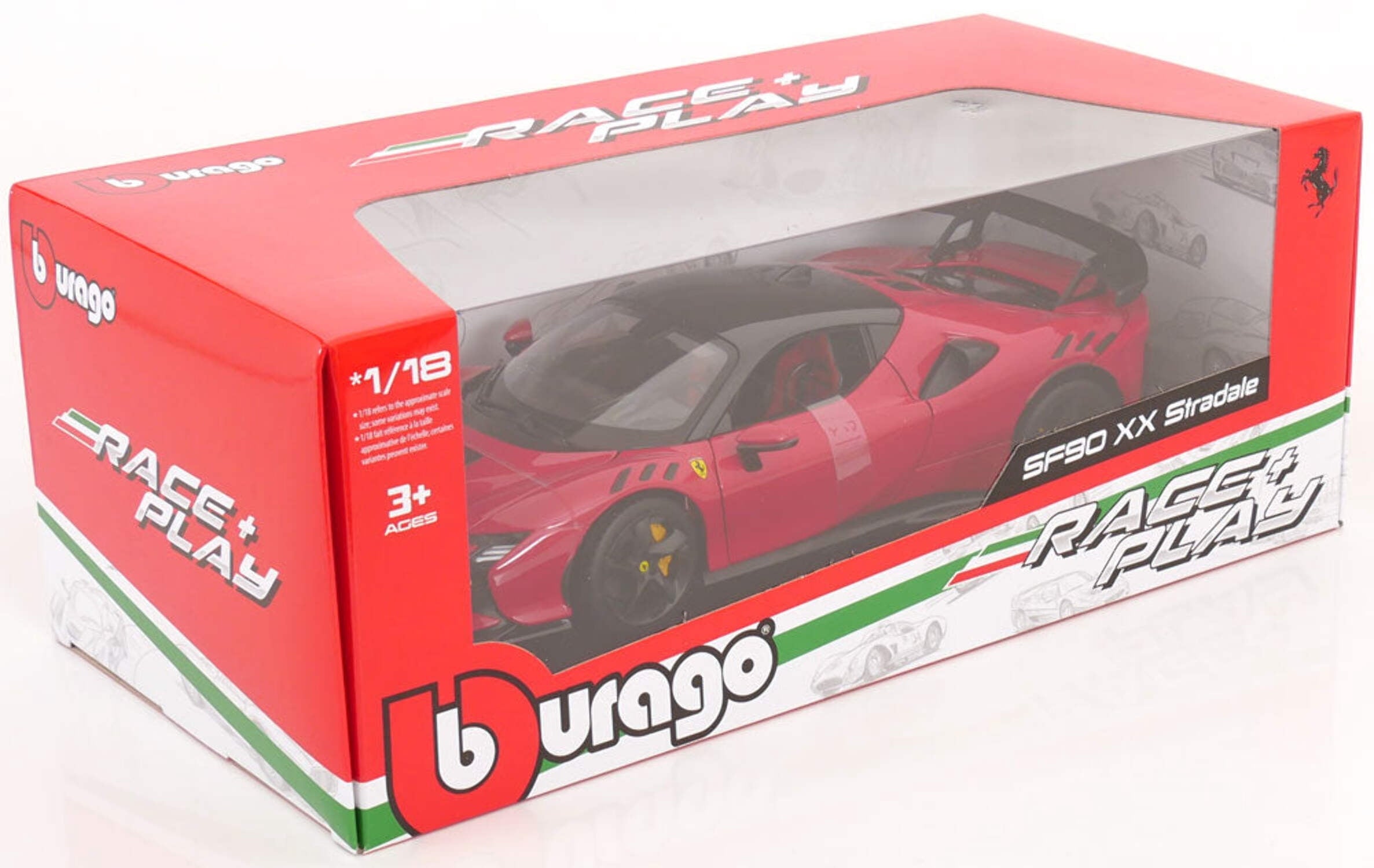 Ferrari SF90 XX Stradale Red with Black Top "Race + Play" Series 1/18 Diecast Model Car by Bburago