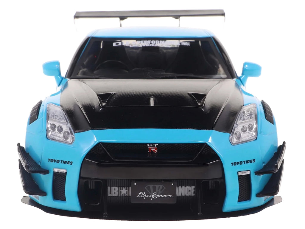 2023 Nissan GT-R (R35) Liberty Walk Body Kit 2.0 RHD Baby Blue with Carbon Hood 1/18 Diecast Model Car by Solido