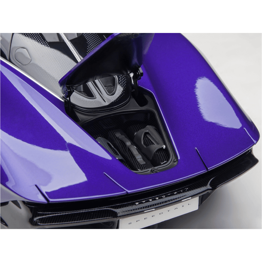 McLaren Speedtail Lantana Purple Metallic with Black Top and Yellow Interior and Suitcase Accessories 1/18 Model Car by Autoart