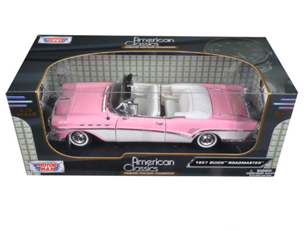 1957 Buick Roadmaster Convertible Pink and White 1/18 Diecast Model Car by Motormax
