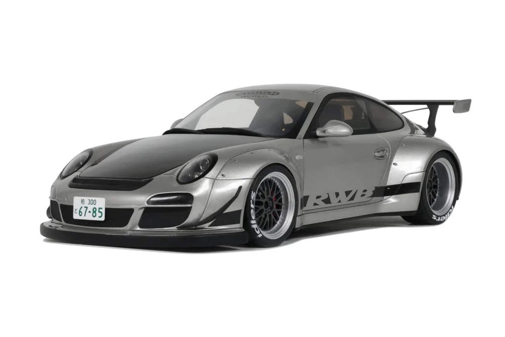 2024 Porsche 911 RWB Abu Silver Metallic with Black Hood 1/18 Model Car by GT Spirit
