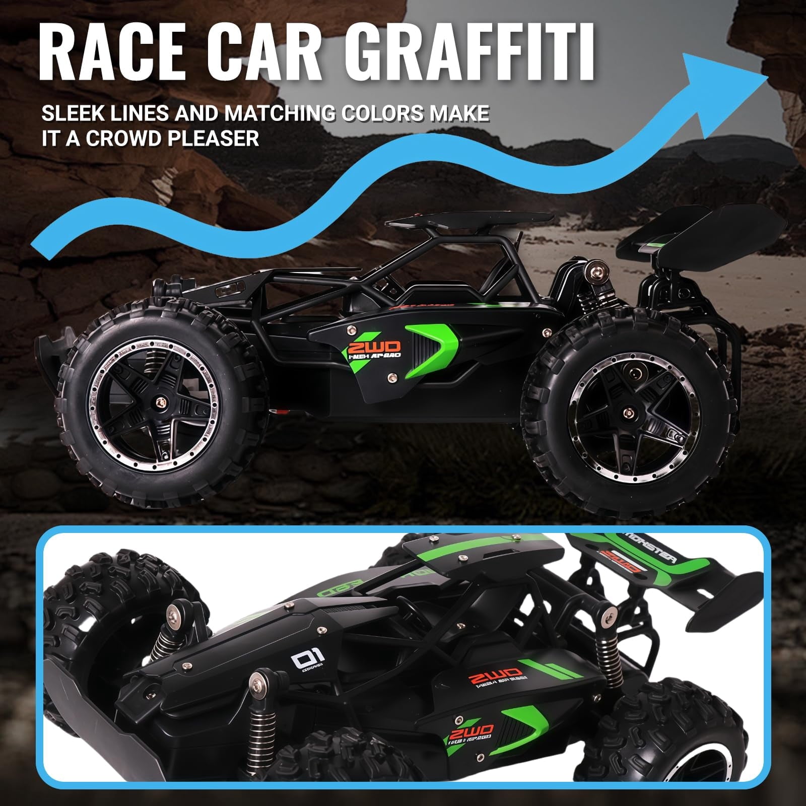 1:18 Scale Remote Control Car, 2.4GHz High Speed RC Monster Truck, Off-Road All-Terrain Toy Buggy with Rechargeable Battery for Kids Ages 6+