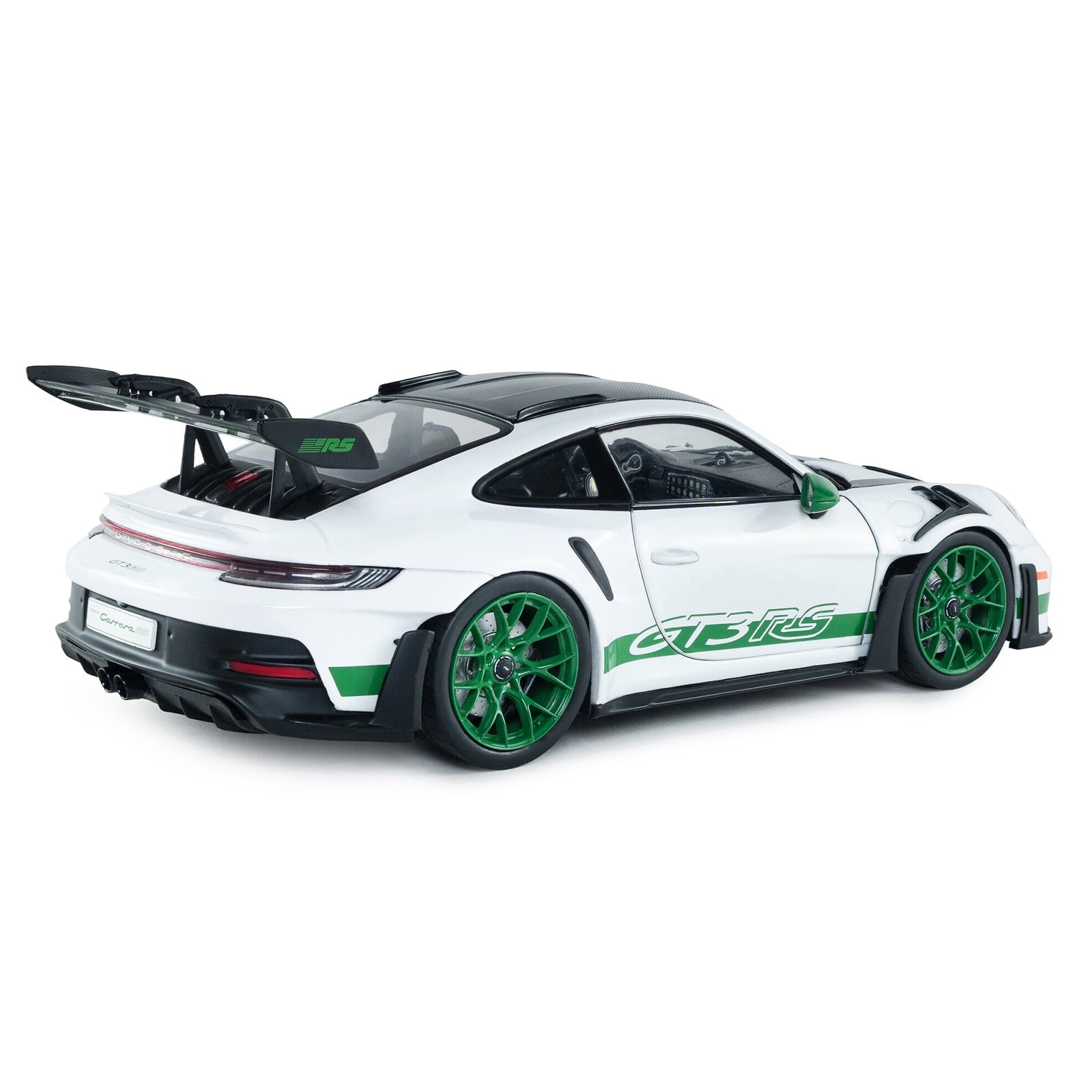 2024 Porsche 911 GT3 RS "Tribute to Carrera RS Package" White with Carbon Hood and Top & Green 1/18 Diecast Model Car by Solido