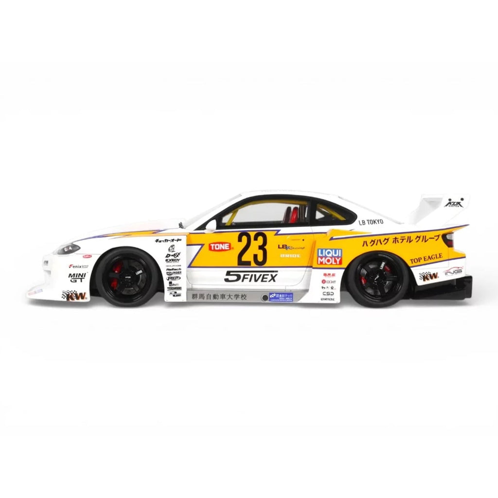 2021 Nissan Silvia (S15) LB-Super Silhouette RHD (Right Hand Drive) #23 White with Yellow Stripes 1/18 Model Car by GT Spirit