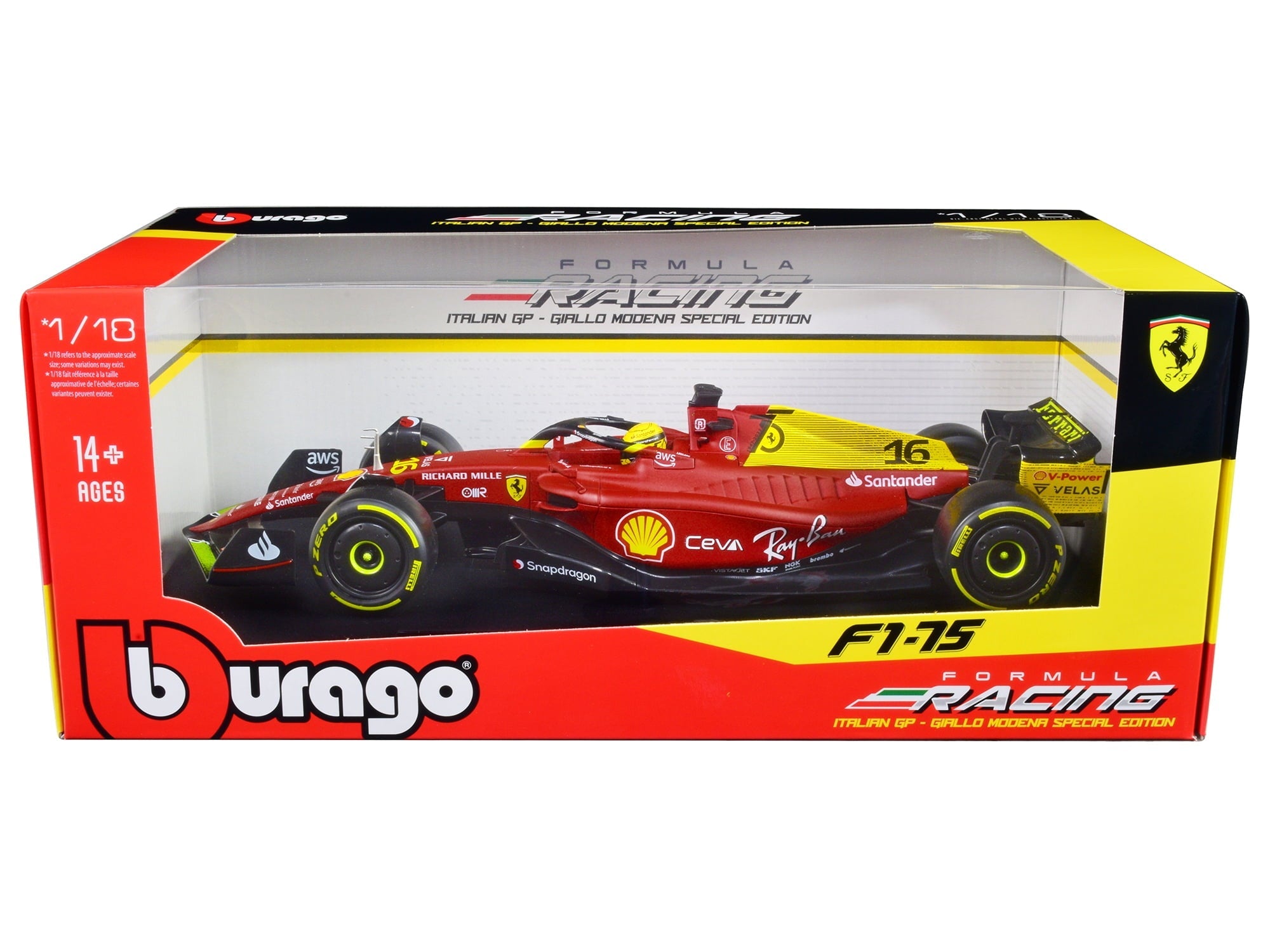 Ferrari F1-75 #16 Leclerc "Giallo Modena" 2nd Place F1 Italian GP (2022) "Formula Racing" 1/18 Diecast Model Car by Bburago