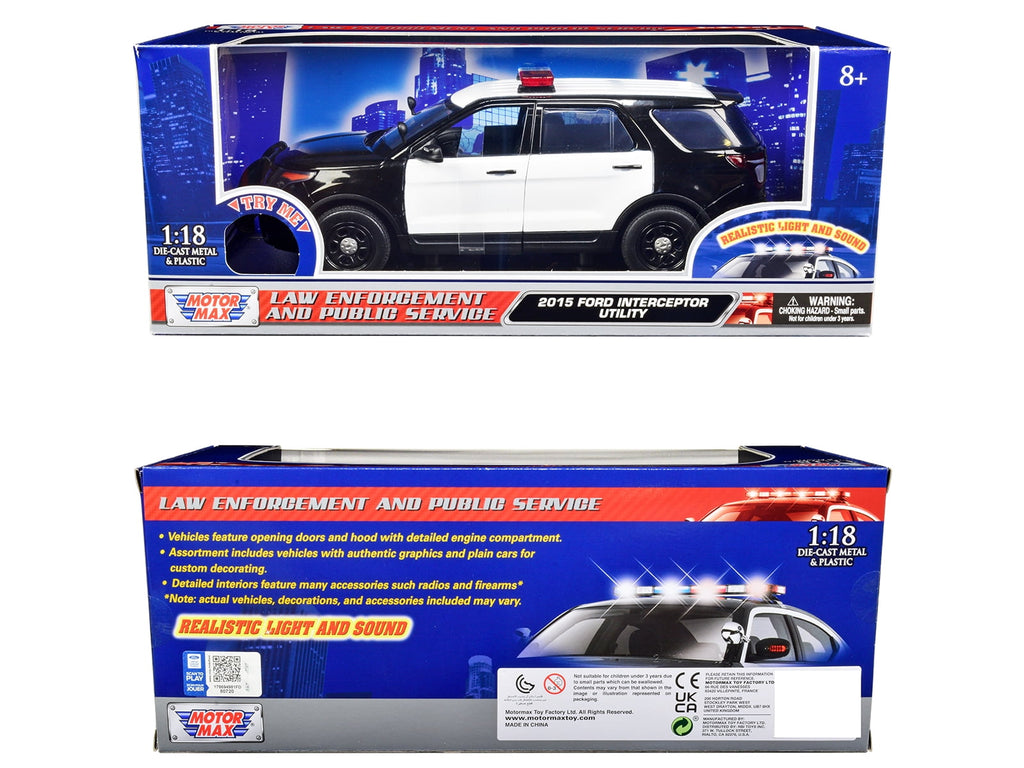 2015 Ford Police Interceptor Utility Black and White with Flashing Light Bar and Front and Rear Lights and 2 Sounds 1/18 Diecast Model Car by Motormax