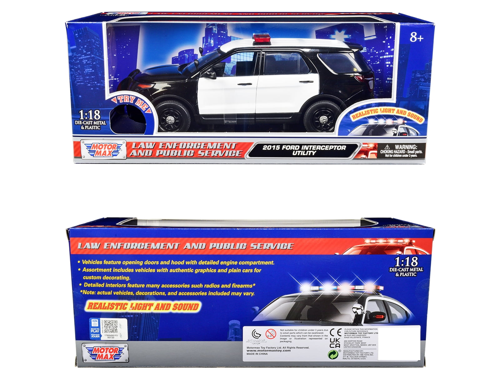 2015 Ford Police Interceptor Utility Black and White with Flashing Light Bar and Front and Rear Lights and 2 Sounds 1/18 Diecast Model Car by Motormax