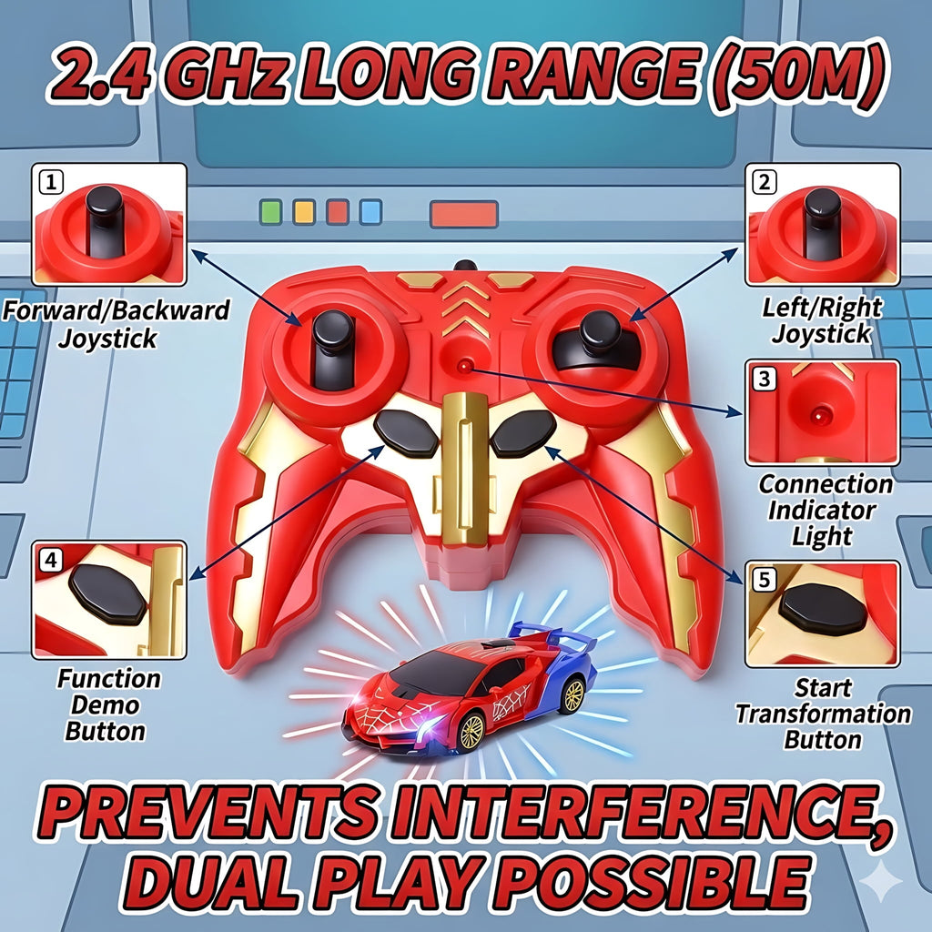 1:18 Spider RC Car Transforming Robot with 2.4GHz Remote Control, Stunt 360° Rotation and LED Lights for Boys 3-12