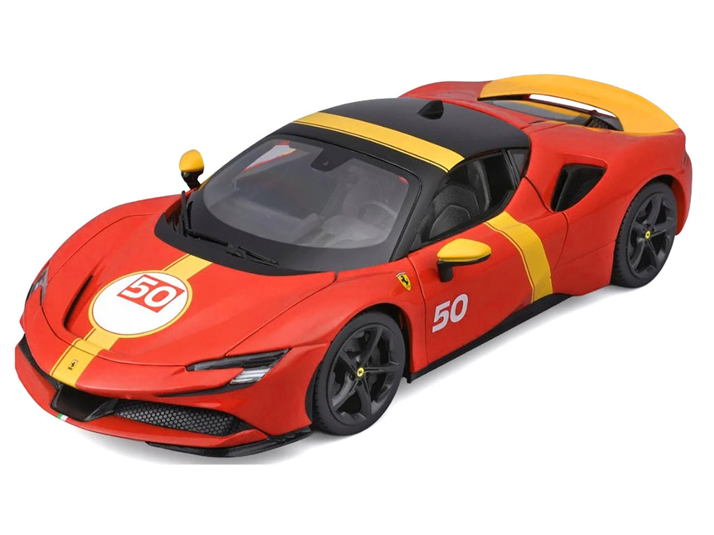 Ferrari SF90 Stradale Assetto Fiorano #50 Red with Black Top and Yellow "Race + Play" Series 1/18 Diecast Model Car by Bburago