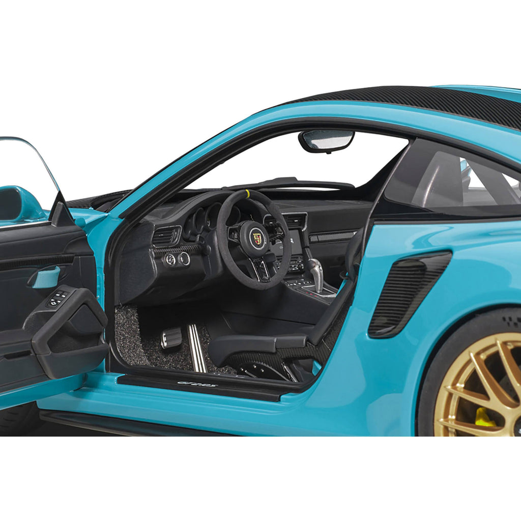 Porsche 911 (991.2) GT2 RS Weissach Package Miami Blue with Carbon Stripes 1/18 Model Car by Autoart