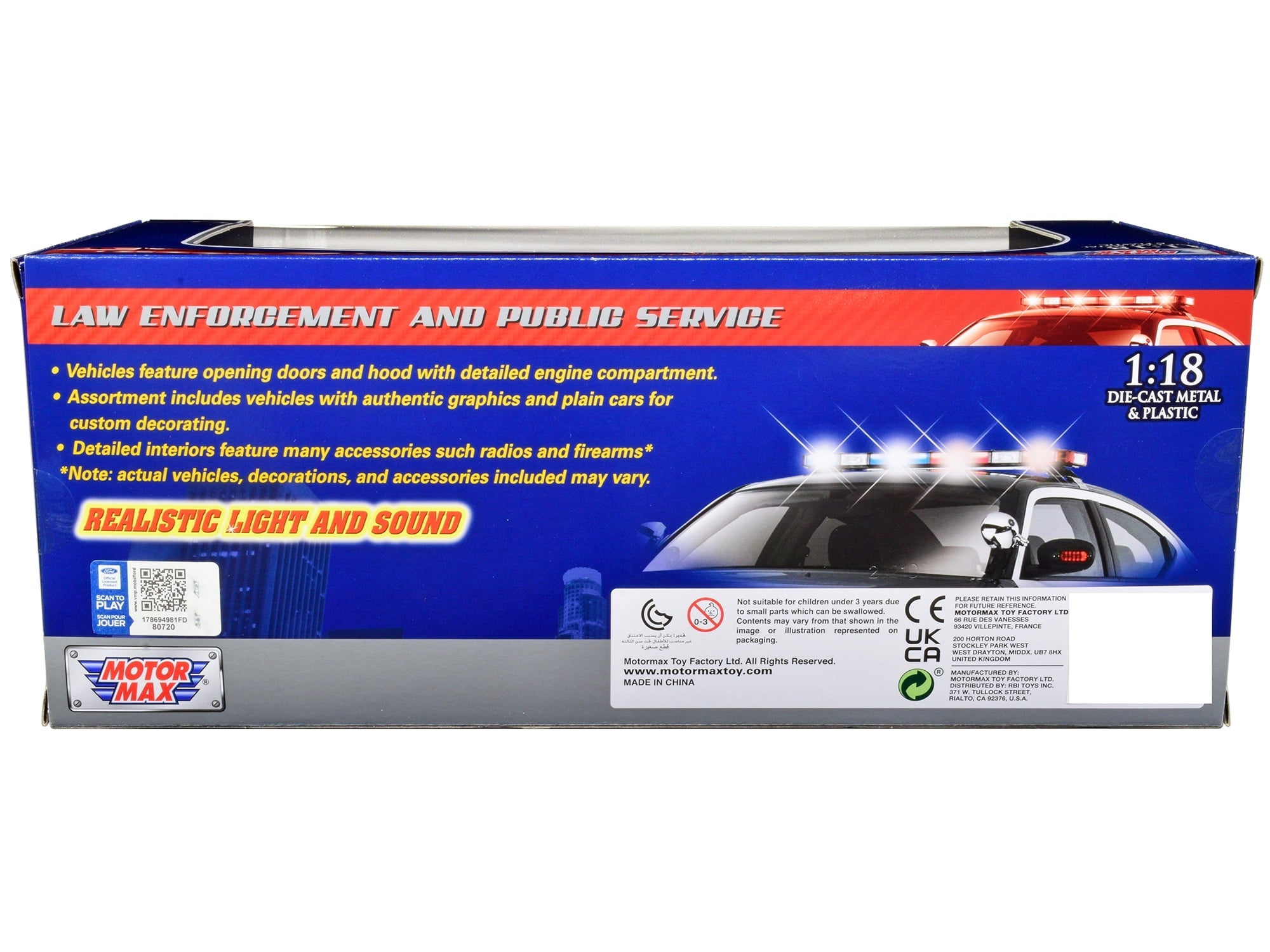 2001 Ford Crown Victoria Police Car Plain Black & White with Flashing Light Bar, Front and Rear Lights and Sound 1/18 Diecast Model Car by Motormax